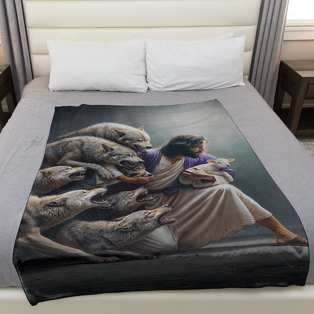 Jesus Protects The Lamb From Wolves Fleece Blanket