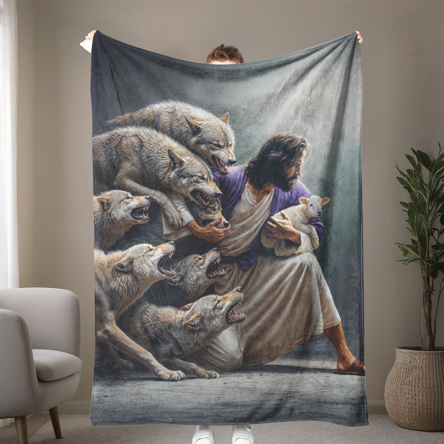 Jesus Protects The Lamb From Wolves Fleece Blanket