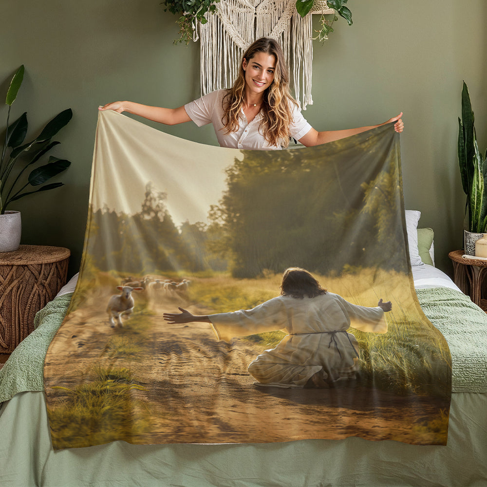 Lamb Runs to Jesus Fleece Blanket