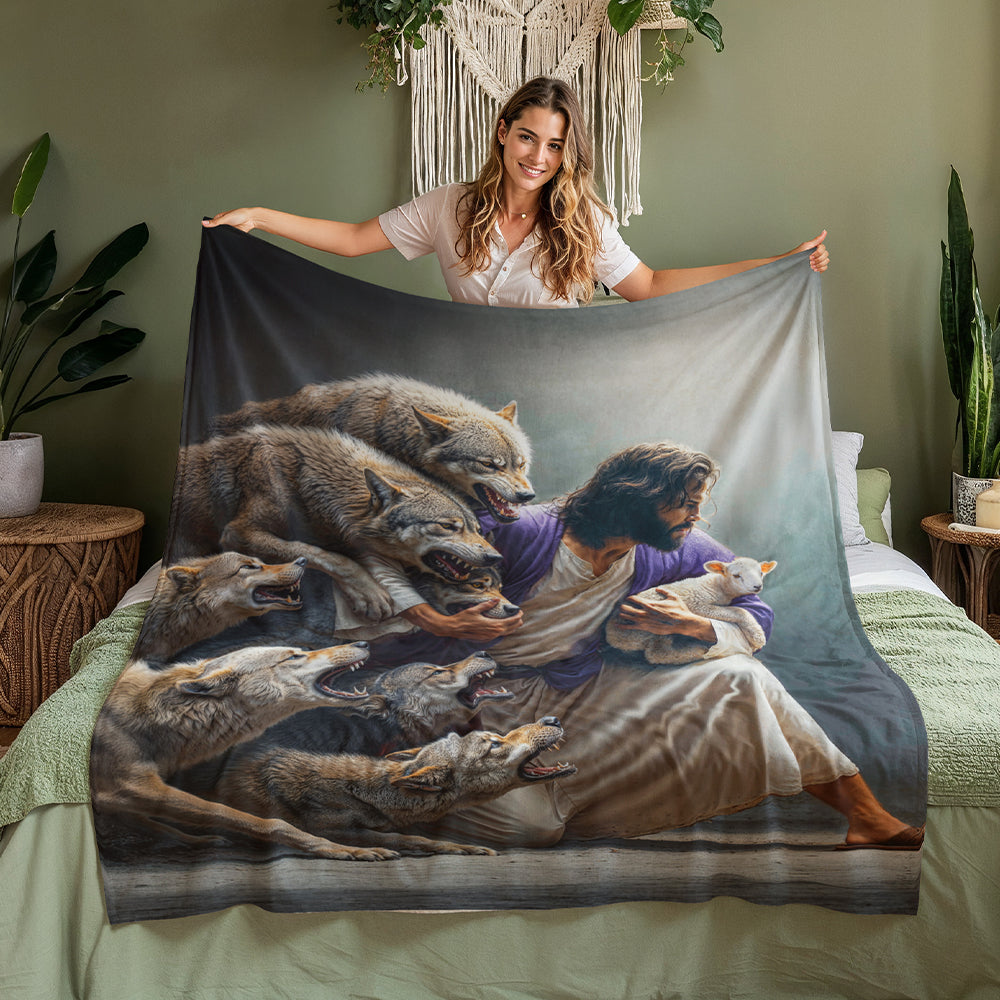 Jesus Protects The Lamb From Wolves Fleece Blanket