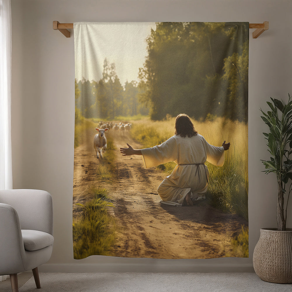 Lamb Runs to Jesus Fleece Blanket