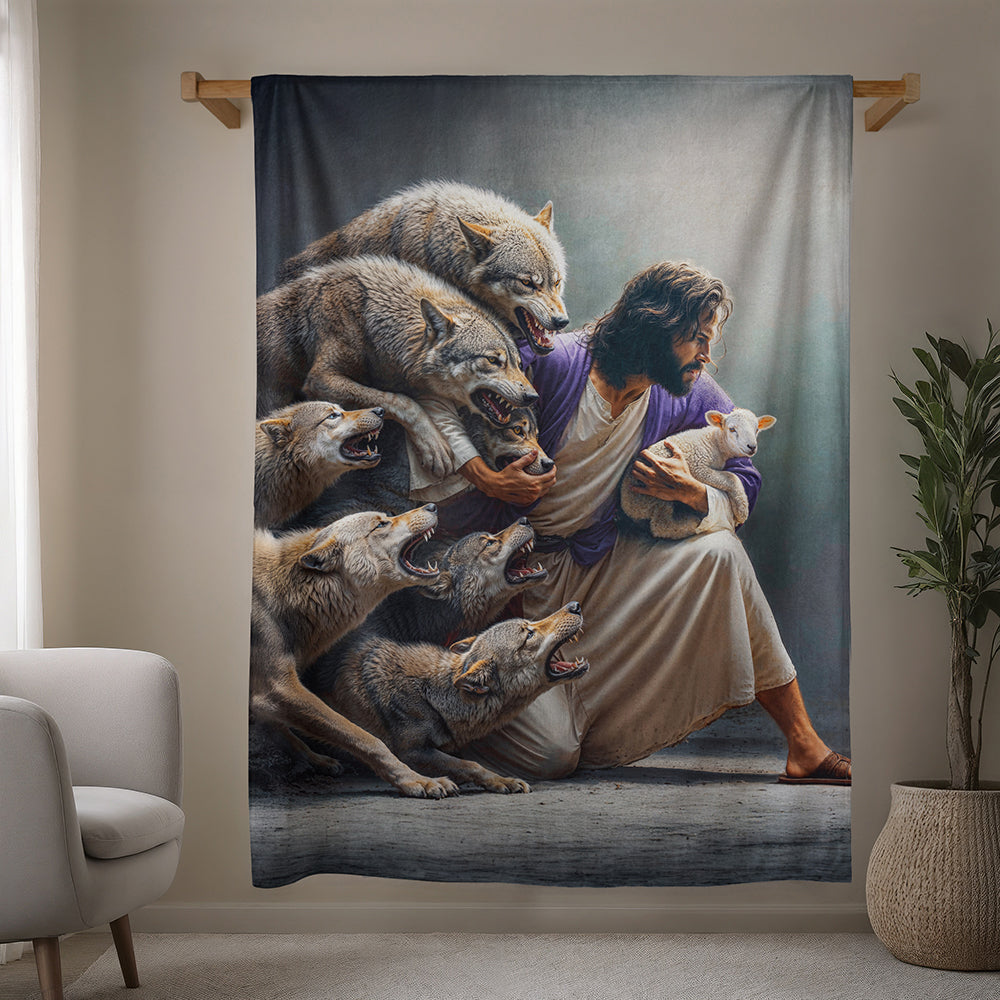Jesus Protects The Lamb From Wolves Fleece Blanket