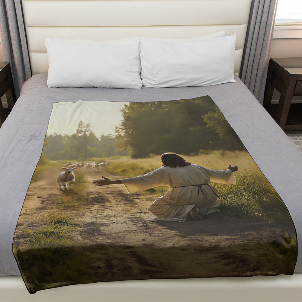 Lamb Runs to Jesus Fleece Blanket