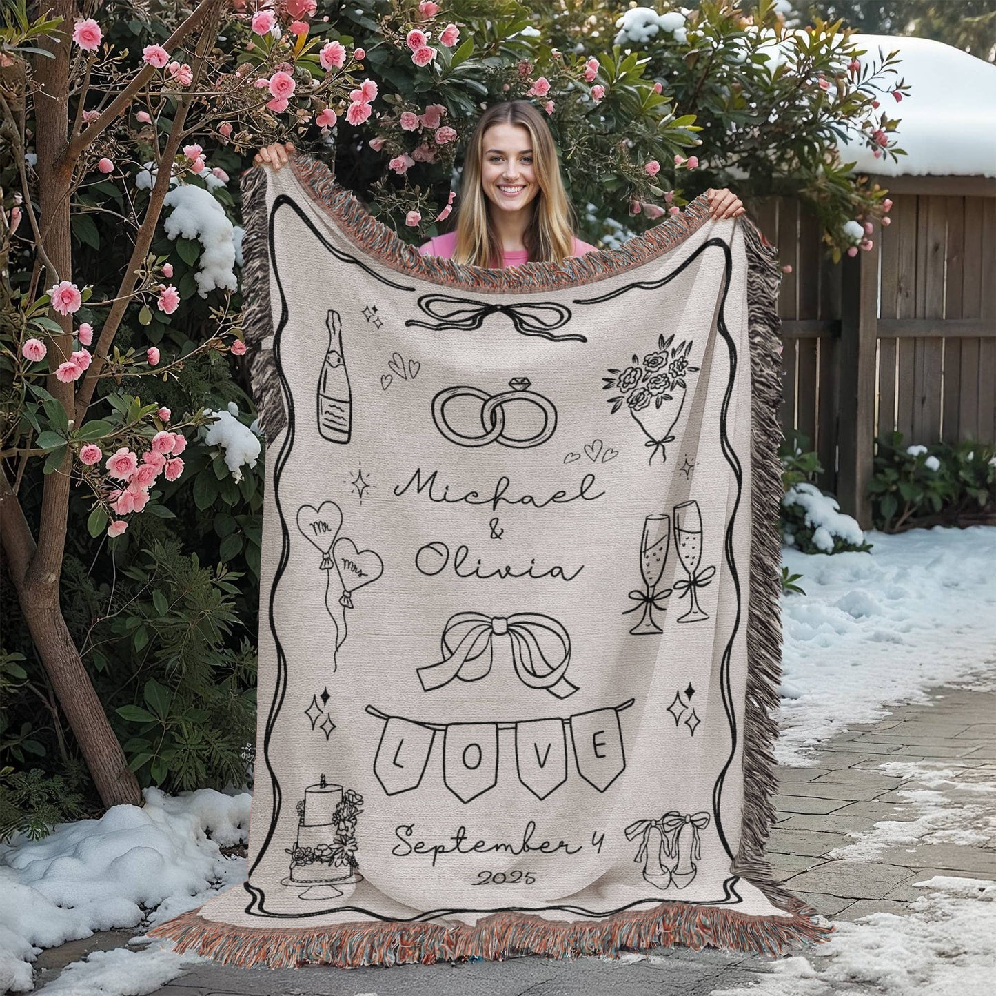 Personalized Wedding Doodle Woven Blanket